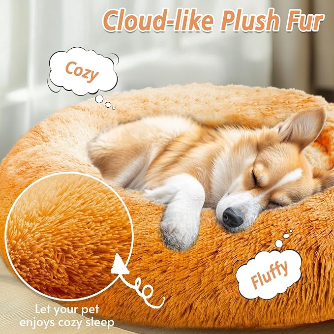 JOLLYVOGUE Calming Dog Beds Large Sized Dog, 36in Donut Washable Large Pet Bed, Anti-Slip & Anti-Anxiety Fluffy Faux Fur Round Dogs Bed, Fits up to 80 lbs Pets (Orange)