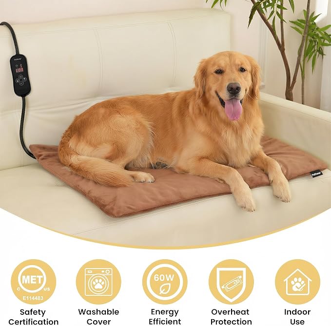 Upgraded Pet Heating Pad, 5 Adjustable Temperature & Timer, Chew-Resistant Electric Heated Dog Cat Bed, Auto Power-Off, Waterproof, 31.5" x 23.4"