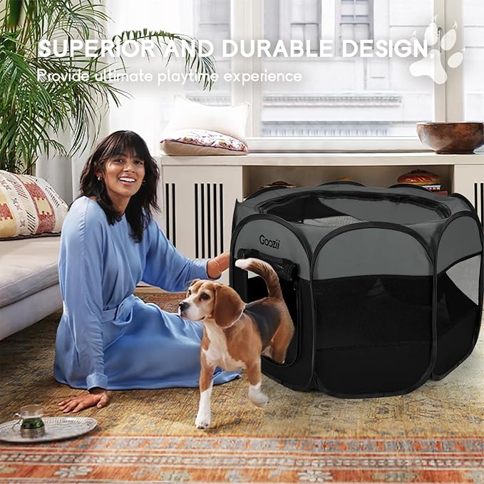 Goozii Portable Dog Playpen for Large Dogs, Collapsible Puppy Pet Cat Playpen with Zipper Top Cover (Large Size, Grey-Black)