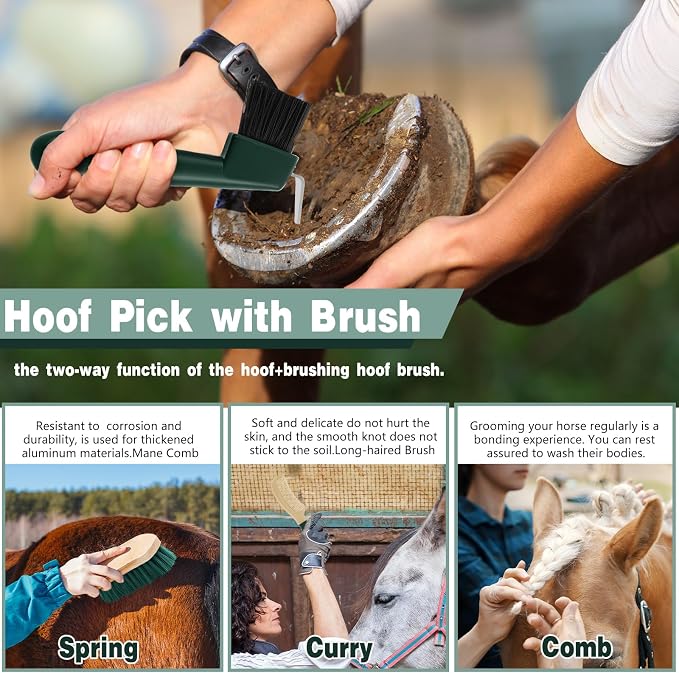Abbylike 12 Pieces Horse Grooming Kit Racing Festival Tack Room Supplies Horse Brush Sets Equine Care Cleaning Kit Shedding Grooming Massaging Tools (Khaki and Green)