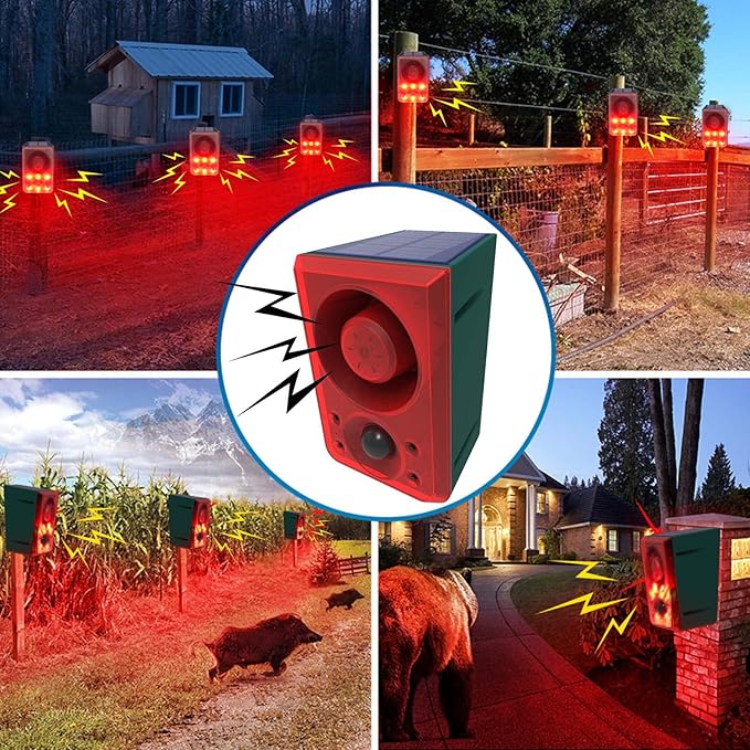 Solar Outdoor Motion Sensor Alarm - Dog Barking & Gunshot Sound 130db Motion Detector Alarm Light,with Remote Controller for Home, Villa,Yard,Chicken coop,Farm,Barn