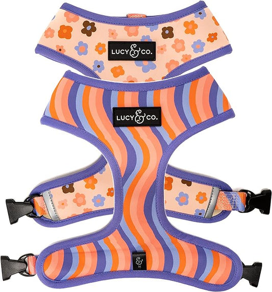 Lucy & Co. Reversible Dog Harness - Water-Repellent Neoprene, Dual-Print Design, Easy Swap Style, Adjustable Comfort Fit - Let's Groove Reversible Harness - X-Large