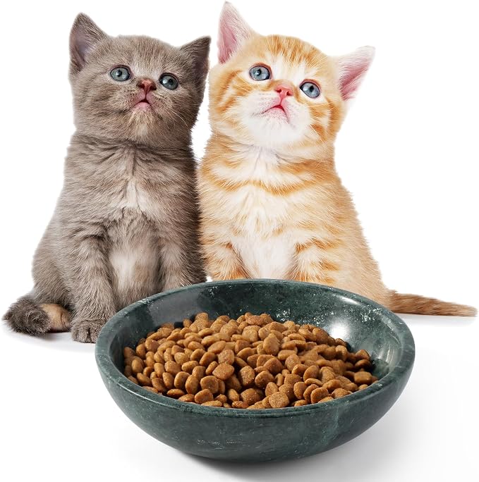 Natural Marble Cat Bowl, Weighted 1.5lb Cat Food Bowl for Cat and Small Dog, Small Animal Pet Food Dish Non-Slip, Shallow Dish for Whisker Fatigue Relief, Premium Green Stone for Home Decor