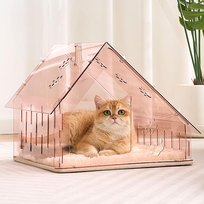 Acrylic Cat House for Indoor Cats, Transparent Cat Bed Cave with Plush Cushion & Hanging Toys, Modern Ventilated Cat Condo with Sturdy Wooden Base for Adult Cats & Kittens up to 12 lbs, Pink