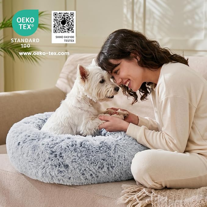 JOLLYVOGUE Small Dog Bed, Calming Soft Anti-Anxiety Donut Cat Bed, Washable Round Fluffy Cushion for Small and Medium Pets (20")
