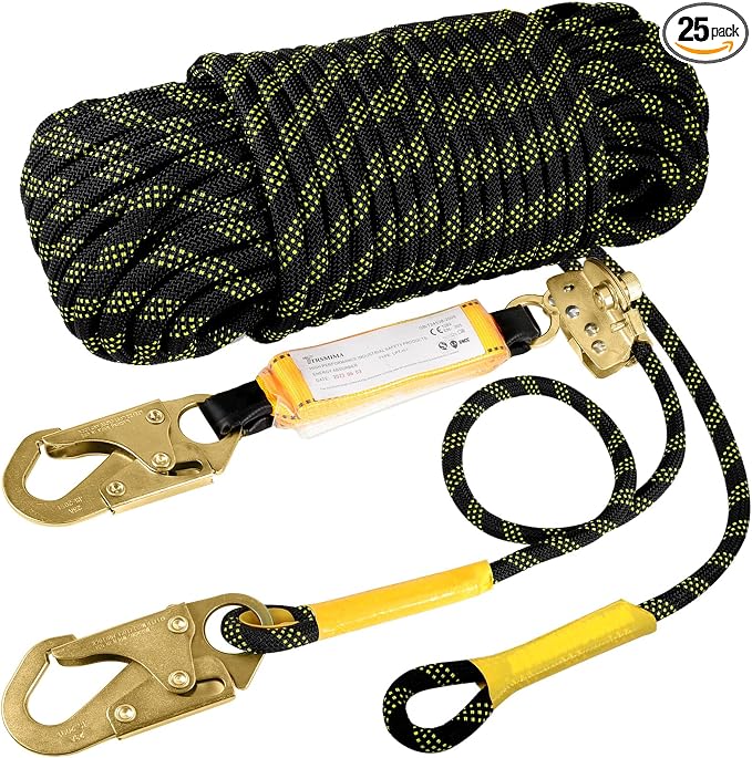 TRSMIMA Rope Harness Safety Lanyard：50ft Roofing Rope Fall Protection | Vertical Safety Harness Rope With Grab Snap Hooks Shock Absorber - Tree Climbing Line Kit Heavy Duty Safety Equipment ANSI CE