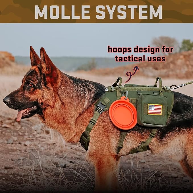 Forestpaw Tactical Dog Harness Tactical Dog Collar with Bungee Leash Set,No Pull Military Dog Harness for Walking Training,Adjustable for Medium Dogs,Green,Chest 17-25"