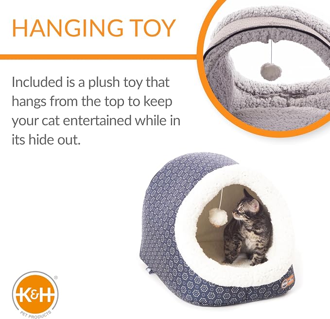 K&H Heated Cat Bed, Thermo-Pet Cave Indoor, Safety Listed, 4W, Navy/Geo | Removable Waterproof Cat Heating Pad, Heated Pet Bed for Dogs & Cats, Covered Cave Pet Tent, Collapsible, Machine Washable