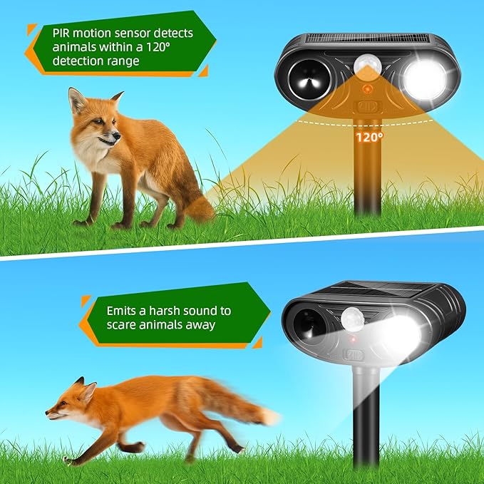 4 Pack Ultrasonic Solar Animal Repellent Outdoor,Sonic Fortress Pro Deer Repellent with Strobe Light, Waterproof Squirrel Cat Repellent Outdoor Rabbit Bird Raccoon Deterrent for Yard Garden Farm