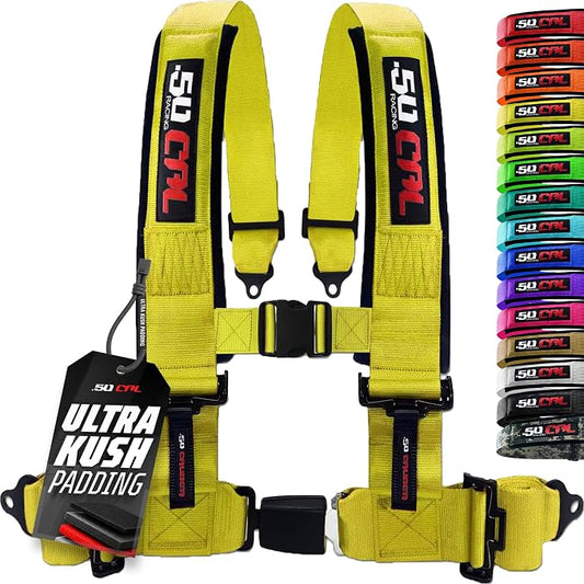 1pc 50 Cal Yellow 4 Point Harness 2in Straps, Racing Harness Seat Belt | Ultra Kush padding, Push Button quick release hardware. Universal Fit for UTV, RZR, race car.