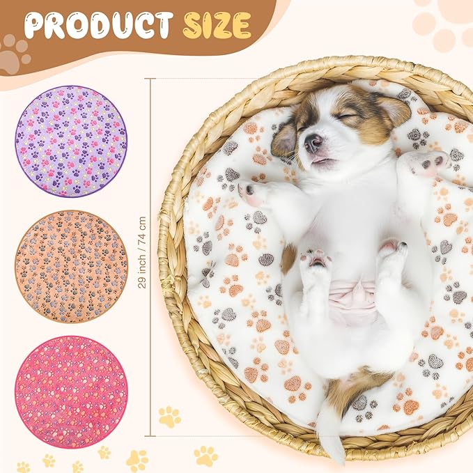 Tatuo 4 Pack Fleece Dog Blankets for Puppy Cats Multi-Size Sleep Mat for Pet Guinea Pig Soft Washable Warm Crate Bed Puppy Teething Toys Print Pattern Blanket Indoor(Mixed Color,Diameter 29 Inch,Paw)