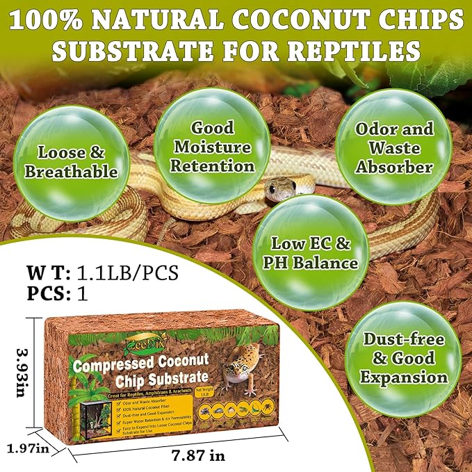 ZeeDix Coconut Husk for Reptiles, Organic Coconut Fiber Reptile Terrarium Substrate, Coco Husk Chips Reptile Bedding for Snakes, Tortoises, Ball Python, Geckos, Lizards, Hermit Crab, Tarantula