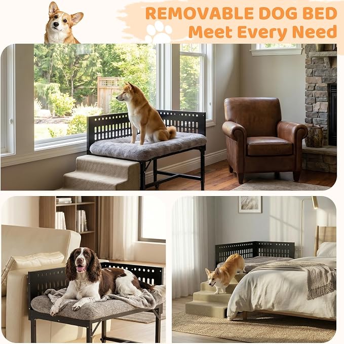 Beside Dog Bed,2 Panels Adjustable Height Dog Bunk Beds,35.4”x23.6” Metal Frame & Cushion, Converts to Bunk Bed or Bed Extension Attachment for Human Bed, for Medium Dogs