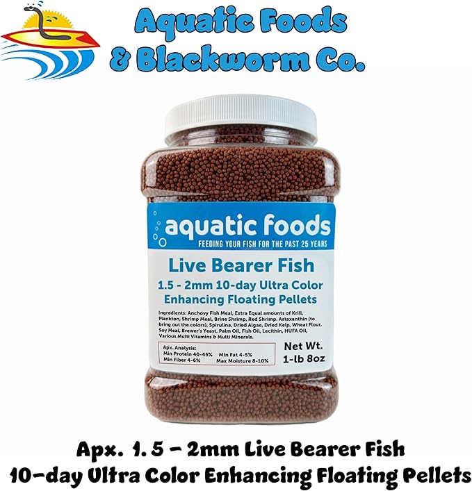 Aquatic Foods Inc. Live Bearer Ultra Red Color Enhancing 1.5mm-2mm Floating Pellets. Color Enhancing in 10-Days for Swordtails, Platies, All Live Bearers…1-lb 8oz Medium Jar
