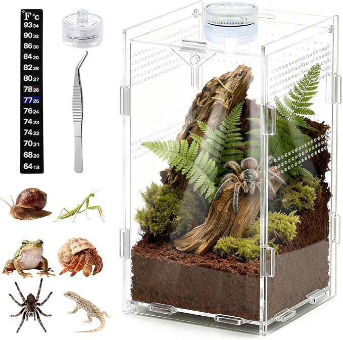 Jumping Spider Enclosure, Small Reptile Insect Terrarium, Spider Tank with Magnetic Door & All-Side Vent, Pre-Assembled Habitat for Spiderling, Mantis, Tarantula, Snail 7.8" * 4.7" * 4.7 (Vertical)