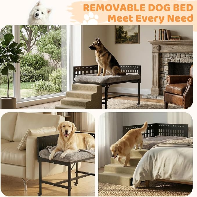 Beside Dog Bed,2 Panels Adjustable Height Dog Bunk Beds,47.2”x30.7” Metal Frame & Cushion, Converts to Bunk Bed or Bed Extension Attachment for Human Bed, for Large Breeds
