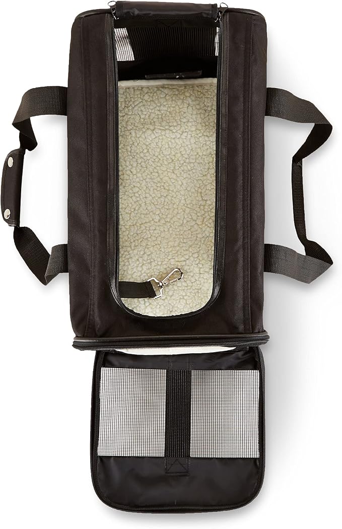 Amazon Basics Airline Approved Soft-Sided Mesh Pet Travel Carrier with Shoulder Strap, Portable, Washable Removable Fleece Pad for Dog, Cat, up to 16 pounds, 16.5" L x 10.6" W x 11" H, Black