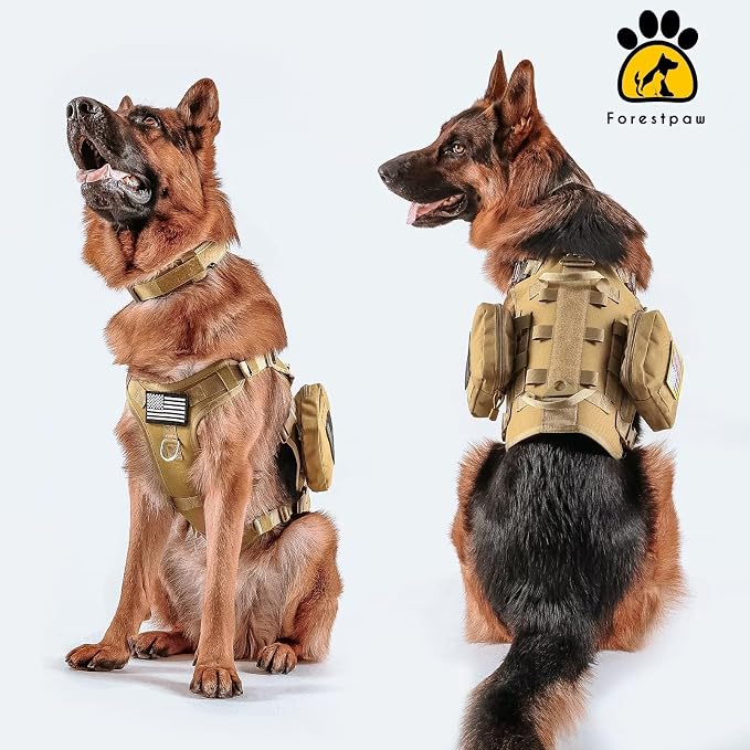 Forestpaw Tactical Dog Harness for Large Dogs,Tactical Dog Collar with Bungee Leash Set,No Pull Military Dog Harness for Walking Training,Adjustable for Medium Large Dogs,Khaki,Chest 27-40"