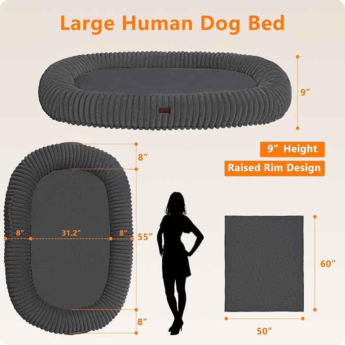 Human Dog Bed for Adult, Orthopedic Gel Memory Foam, 71"x47"x9" | Human Dog Bed Fits Adult & Pets, Reversible Egg-Crate Foam Cushion, Washable Pet Bed with Blanket, Dark Grey