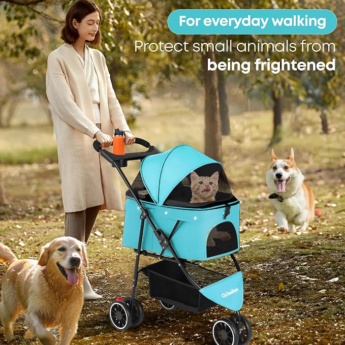 Pet Stroller,Dog Stroller for Small Medium Dogs Cats,3 Wheels,Mint Green | Foldable,with Breathable Mesh Canopy,Cup Holders,Easy Assembly