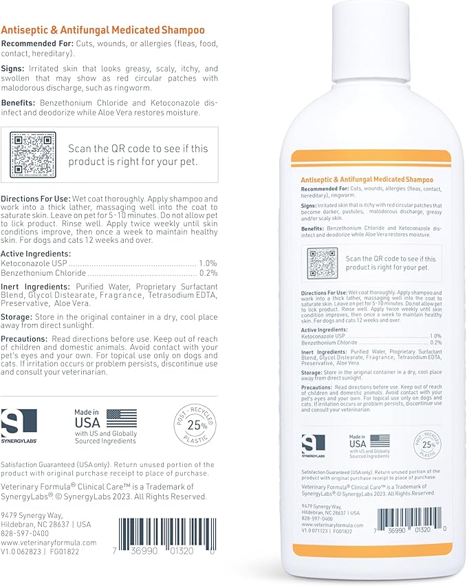 Veterinary Formula Clinical Care Antiseptic and Antifungal Medicated Shampoo for Dogs & Cats, 16 Fl Oz – Helps Alleviate Scaly, Greasy, red Skin – Paraben, Dye, Soap-Free (2 Pack)