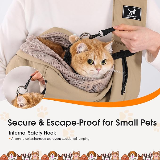 Dog Sling Carrier for Small Dogs & Cats 5-20 lbs, Adjustable Depth | Breathable Air Mesh Puppy Sling, Water-Resistant Travel Bag, Double Safety Leash, Machine Washable, Hands-Free Pouch, Caramel