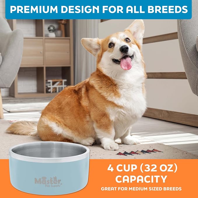 Master Pet Supply Stainless Steel Dog Bowls - 32 oz, Heavy Duty - Glacier Blue, Double Wall Extra-Thick Insulated, Non-Slip Pet Water Bowl for Dogs, Cats & Pets, Anti Rust Metal, Dish Washer Safe