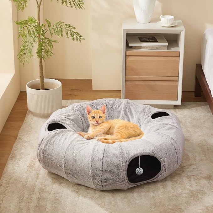 WINDRACING Cat Tunnel Bed for Indoor Cats - Cute Cat Donut Tunnel with Washable Circle Cushion, Round Pet Play Toy for Kitten/Puppy/Rabbit, Grey