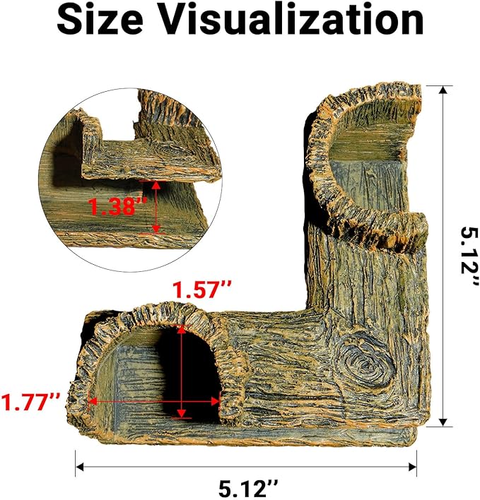 90° Corner Fish Cave Viewing Tunnels | Realistic Driftwood Stump Hideout for Shrimp, Betta, Corydoras | BPA-Free Premium Resin, Safe for Aquarium (5.1”x5.1”x2.8”)