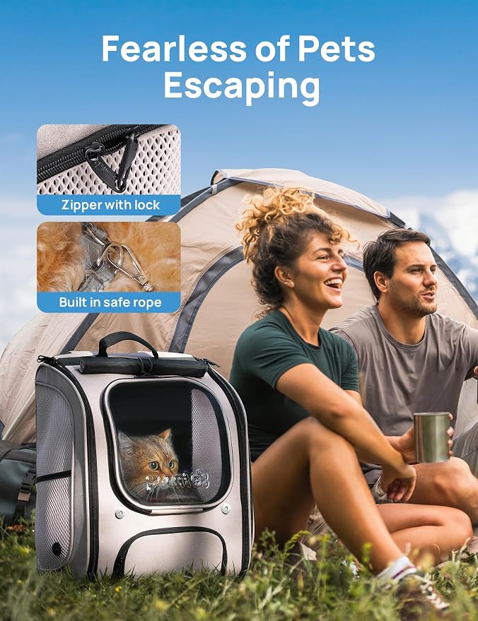 Pecute Cat Backpack Carrier,Large Space Cat Bubble Backpack,Ergonomic,Khaki | Sunshade Curtain,Transparent Window,Safety Rope,Sturdy,Large Mesh on Both Sides for Breathability,Suitable for Outdoor,Vet