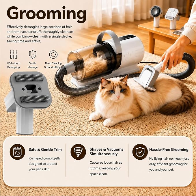 Pet Grooming Kit with Vacuum, 12000Pa Suction, Hair Clipper, 7 Tools | 12000Pa Strong Suction | 7-in-1 Grooming Tools | Hair Clipper & Deshedding Brush | Low Noise 50dB | 1.5L Large Capacity