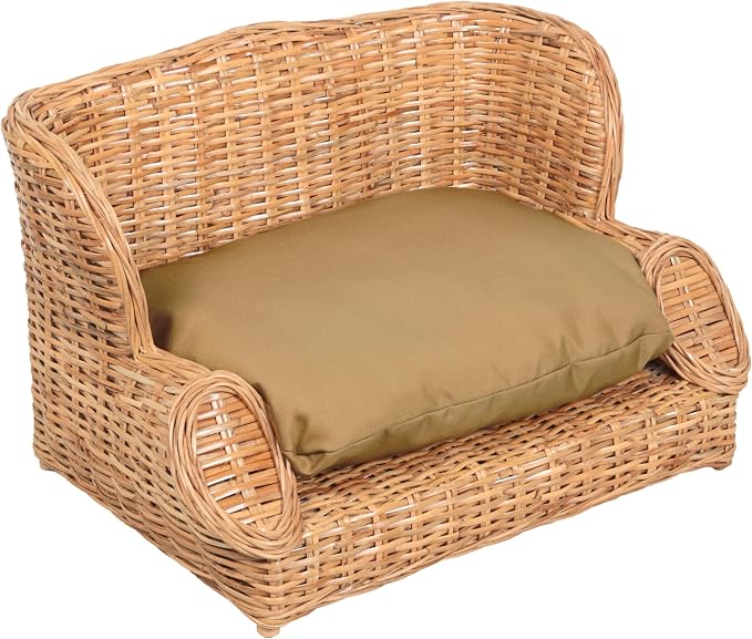 DBD1004B Handwoven Water Hyacinth Pet Daybed with Machine-Washable Cushion, 27.5" x 18" Wicker Sofa for Small to Medium Dogs and Cats, Vintage Style Elevated Pet Bed, Light Brown