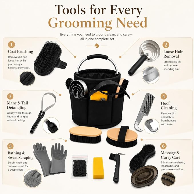 Horse Grooming Kit, 15-Piece Horse Brush Set with Tote Bag, Long Shedding Blade, Hoof Pick, Curry Comb, Sweat Scraper, Mane and Tail Comb, Gloves, Equine Grooming Supplies, Black