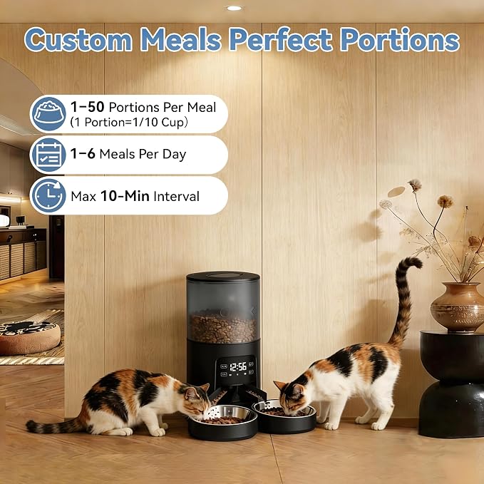 Sweetcrispy Automatic Cat Feeder for 2 Cats, 6L Automatic Pet Feeder, Black | 25.3 Cups, 2 Stainless Bowls, Programmable Schedule, 6 Meals/Day, 50 Portions/Meal, Dual Power Supply, 10s Meal Call