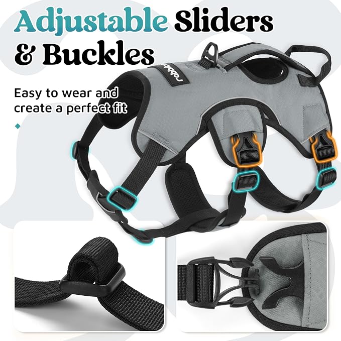rabbitgoo Escape Proof Dog Harness for Large, No Pull with Lift Handle | No Escape, Full Soft Padded, Reflective Adjustable Vest, Leash Clip for Walking Hiking Training, Grey, Large