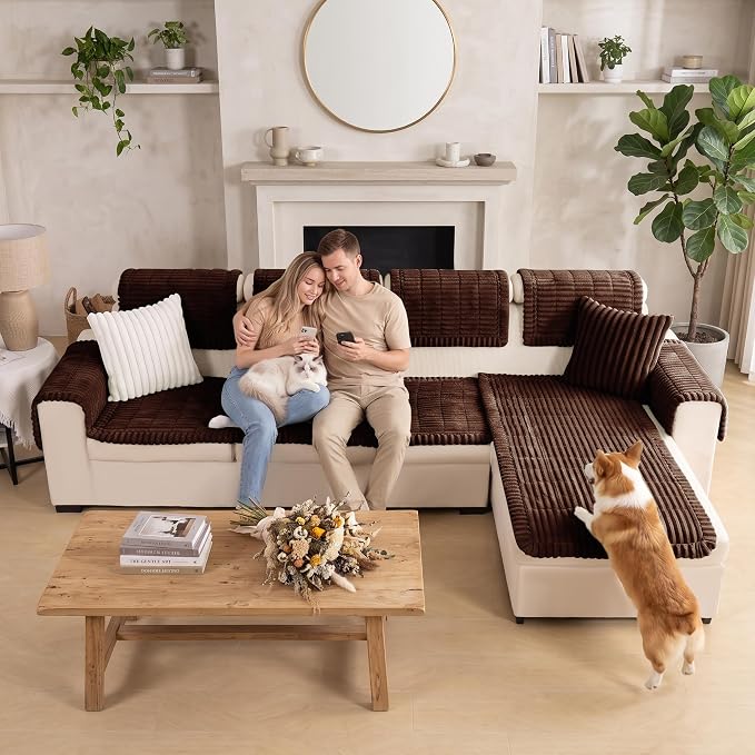 FUANGUI 2 Pack Waterproof Couch Cover for Dogs Pets Sofa Protector | Non-Slip Washable Fuzzy Soft Sofa Slipcover for 2 PCS L Shaped Sofa Pet Friendly, 27.6" x 59.1"+27.6" x 70.9", Brown
