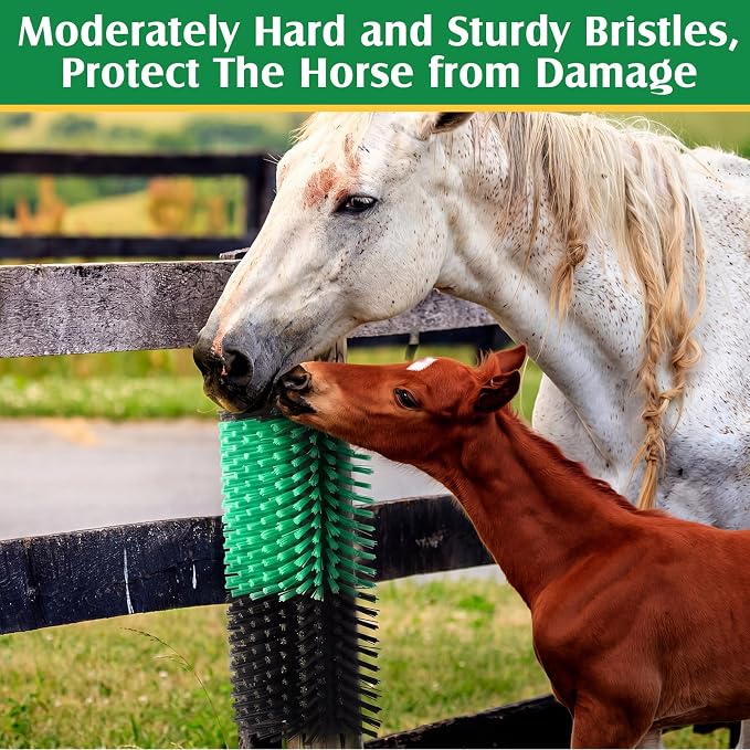 3 Pack Livestock Scratching Brush, Green and Black | Animal Scratcher, Itch Relief Grooming, Horse Goat Cow Scratcher, Fence Post Mounting, Durable Bristles, Farm Livestock Care