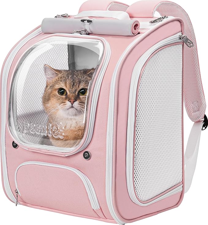 Pecute Cat Backpack Carrier,Large Space Cat Bubble Backpack,Ergonomic,Pink | Sunshade Curtain,Transparent Window,Safety Rope,Sturdy,Large Mesh on Both Sides for Breathability,Suitable for Outdoor,Vet