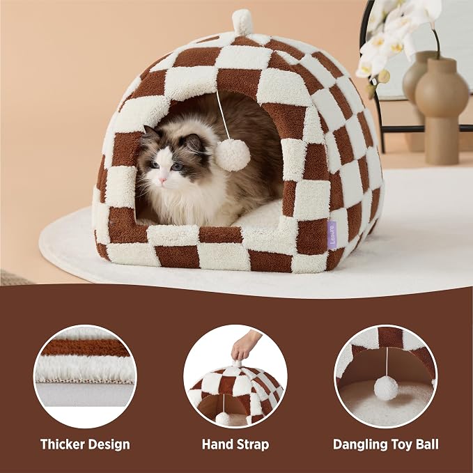 Lesure 2in1 Cute Cat House for Kitten with Washable Cushioned Pillow,17.3in | Cat Beds for Indoor Cats,Small Pet Cave Tent,Cozy Enclosed Foldable Hideaway,Fluffy Ball,Anti Slip Bottom,Hand Strap,Brown