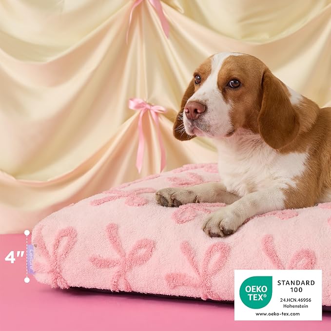 LE SURE Cute Aesthetic XL Dog Bed, Jacquard Thick Pet Pillow，44x32 | Shredded Chopped Foam, Jacquard Modern Plush Crate Cushion Gift Idea, Waterproof Washable Cover, Nonslip Bottom, Bow Pink