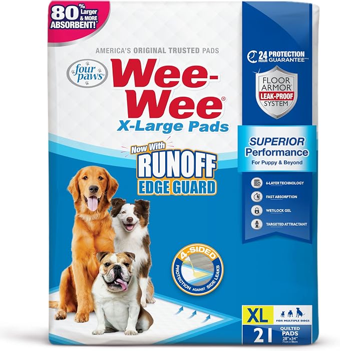 Four Paws Wee-Wee Superior Performance X-Large Dog Pee Pads, 21 Count | Puppy & dog potty training pads, housebreaking supplies, xl puppy pads, pet supplies, 24-hour floor protection, 28" x 34"