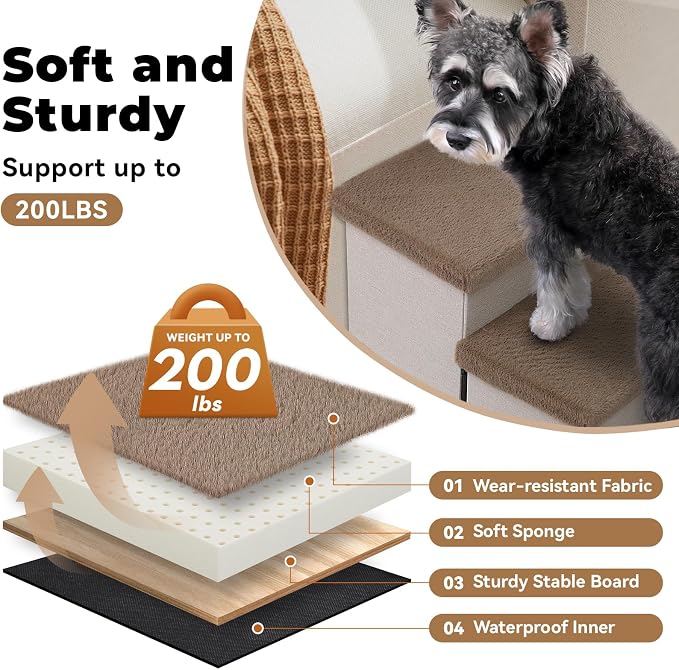 Zerbuger Dog Stairs with Storage Khaki Furry Lids 3 Steps Dog Ramp no Condo | 18" H Wider Dog Steps for High Beds Couch, Folding Storage Pet Stairs Gift for Climbing Small/Medium/Large Old Dogs Cats