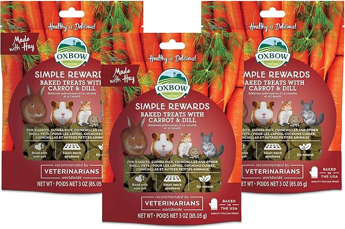 Oxbow Simple Rewards High-Fiber Timothy Hay Small Animal Treats for Rabbits, Guinea Pigs & Chinchillas - Carrot & Dill Crunchy Baked Snacks, 3 oz (3 Pack)