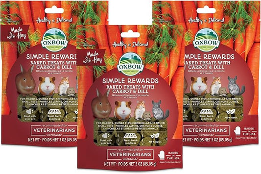Oxbow Simple Rewards High-Fiber Timothy Hay Small Animal Treats for Rabbits, Guinea Pigs & Chinchillas - Carrot & Dill Crunchy Baked Snacks, 3 oz (3 Pack)