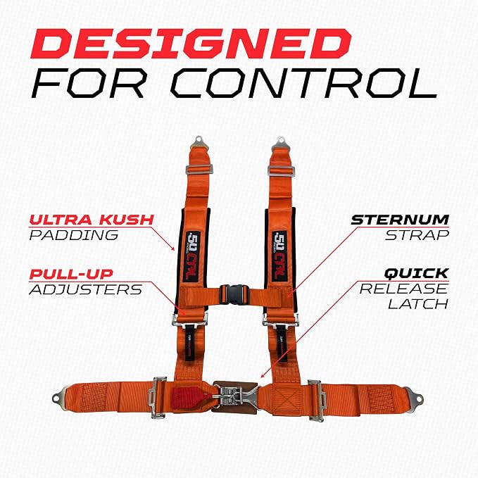 1pc 50 Cal Orange 4 Point Harness 3" straps, Racing Harness Seat Belt | Ultra Kush padding, Push Button quick release hardware. Universal Fit for UTV, RZR, race car