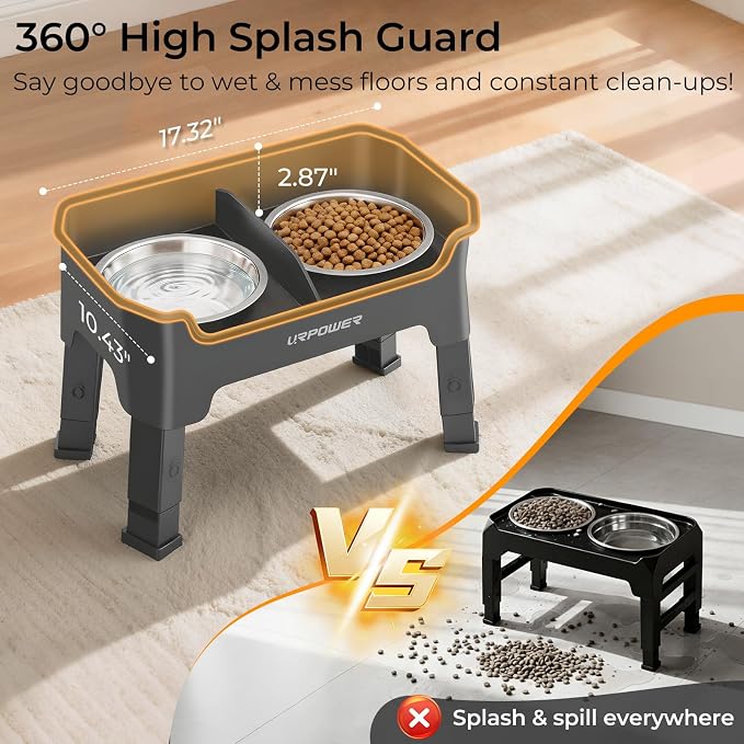 URPOWER Mess Proof Elevated Dog Bowls, Splash Guard Raised Bowl Stand | 4 Adjustable Heights, 2 Stainless Steel Bowls, Food & Water Separation, Foldable Design Non-Slip for Small Medium Large Dogs