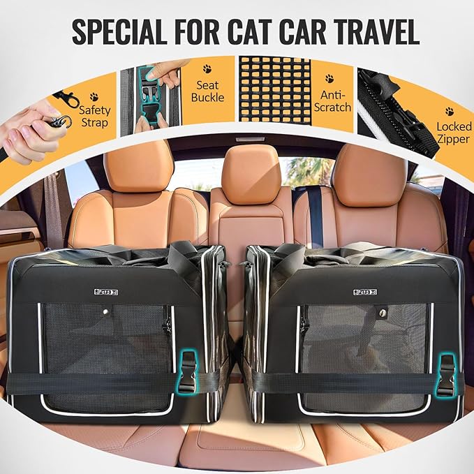 Portable Double Cat Carrier with Litter Box for Multiple Cats | 36"Lx17"Wx17"H, 2in1 Car Travel Carriers, Dual Large Cat Carrier, Lockable Safety Zippers, for Long Distance Travel
