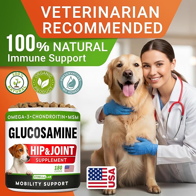 Glucosamine Treats for Dogs - Joint Supplement w/Omega-3 Fish Oil - Chondroitin, MSM - Advanced Mobility Chews - Joint Pain Relief - Hip & Joint Care - Hickory Bacon Flavor - 180 Ct - Made in USA
