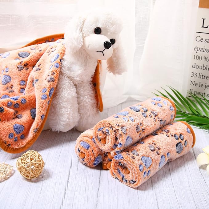 Tatuo 4 Pack Fleece Dog Blankets for Puppy Cats Multi-Size Sleep Mat for Pet Guinea Pig Soft Washable Warm Crate Bed Puppy Teething Toys Print Pattern Blanket Indoor(Coffee,24 x 16 Inch,Paw)