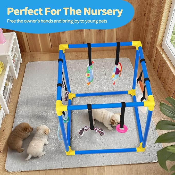 Liitrton Puppy Play Gym for Small Dogs with 8 Hanging Toys, Blue | 19.5"x19.5"x19.5" PVC Frame, Indoor Puppy Jungle Gym with Interactive Puppies Toys